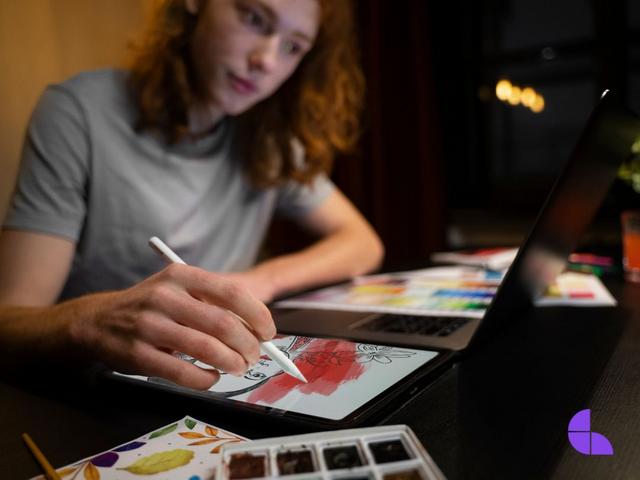 medium shot woman drawing on ipad