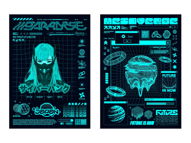 An image of two futuristic designs, based on metaverse and AI.