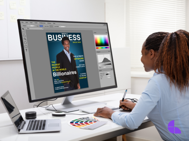 Graphic designer designing the first page of a magazine or journal.