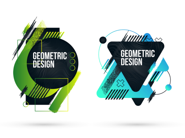 An image with two geometric designs, left design is based on circles and rectangles, right design is based on triangles and circles.
