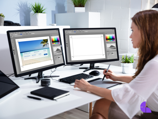 Graphic designer sketching using a digital pad and editing software.