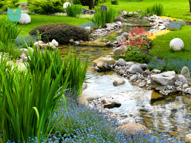A garden with water features (pond) to create a relaxing atmosphere.