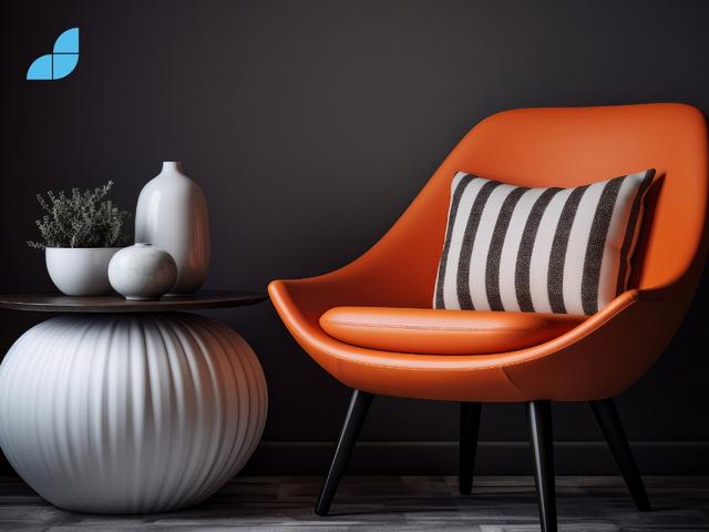 Orange chair with white pillow white vase white vase with black white